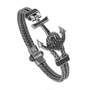 Atolyestone - Silver & gun metal plated anchor bracelet - 7 inches