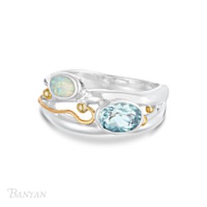 Sterling Silver Blue Topaz & Opalite Ring With Gold Fill Wire Detail-UK T - US 9.75 - EU 61.4
