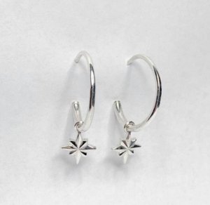 Sterling Silver Handmade Hoop Earrings with North Star Charm - Small