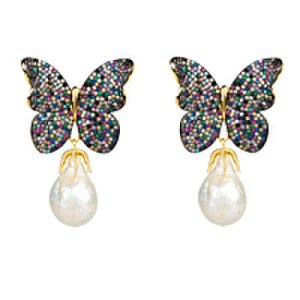 Yellow Gold Baroque Pearl Multi Coloured Butterfly Earrings