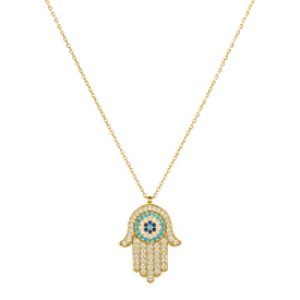 Yellow Gold Plated Hamsa Hand with Evil Eye Pendant Necklace