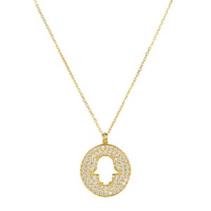 Yellow Gold Plated Open Hamsa Disc Pendant Necklace