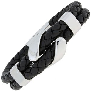 SIGO Armband 2-reihig Leder schwarz geflochten mit Edelstahl 19 cm