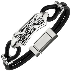 SIGO Armband Leder mit Edelstahl schwarz 21 cm