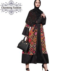 1539# Front Open Dubai Abaya Modest Fashion Plaid Blanket Print Thick Chiffon Cardigan With Scarves
