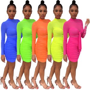 1688 high quality  Dropshipping factory lady fall outfit long sleeve neon dress
