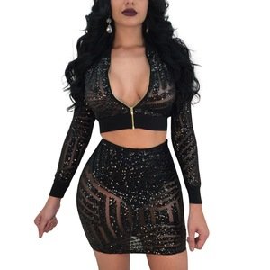 2 Piece Set Women Skirt Top Sexy Two Piece Set Mini Skirt long Sleeve Top For Summer Party Club Wear Sequins Clothing A481