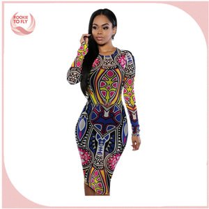 2017 women African print dresses Vestidos Ladies Sexy Slim Printed Long Sleeve Bodycon Dress