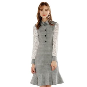 2018 autumn and winter new fashion clothing women's plaid stitching woven ruffled dress