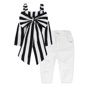 2018 Baby Girl Bows Stripe Shirts Clothes White Jeans Pants 2 PCS Baby Girl Clothing