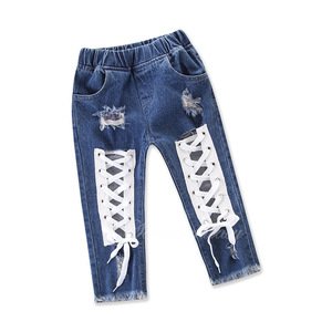 2018 Children Lace-up Hollow Out Pants Girl Clothes Baby Girls Jeans for Kids Fashion Kids Girls Jeans Trousers