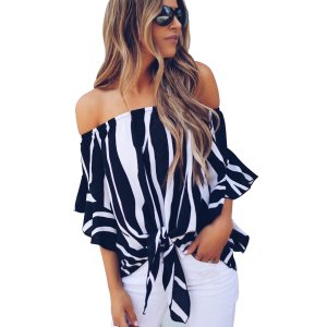 2018 ladies clothing Off The Shoulder Vertical Stripes Black woman tops wholesale