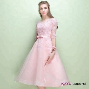 2018 new woman pink short sleeve Lace embroidered Bridesmaid Dress
