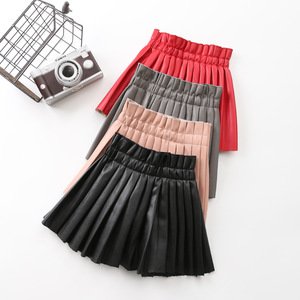 2019 Autumn Vintage  Kid Girl Pleated Skirt Children Girl Solid Pu Leather Pleated Skirt Short School Girl Skirt for 4-8T