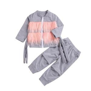 2019 Baby Girl autumn spring cotton jacket pants Clothes set Infant autumn fur zipper coat  grey pants 2pcs outfits
