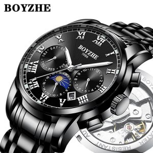 2019 BOYZHE New Design High-end Men Wrist Watches Black Fashion  Automatic Mechanical Watch Water Resistant OEM Stainless Steel