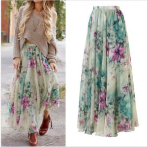 2019 Casual women skirt floral printed chiffon long skirt