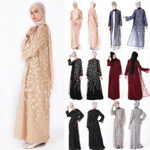 2019 EID Islamic Dubai Dress Modest Long Open Cardigan Leaves Sequins Kimono Women wholesale Islamic clothing abaya factories