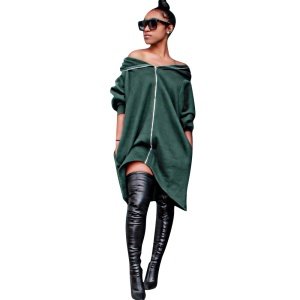 2019 Fashion Winter Zipper Solid Color Loose Casual Hooded Sexy Girl Dress