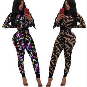 2019 fashion women clothing sexy geometric letter print two piece tracksuit Outfits (top+ pants) 2 Piece Set