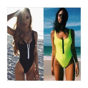 2019 Fluorescent green Solid Color High Cut Leg One Piece Swimwear Bathing Suits Zipper Straps Swimwear Bikini