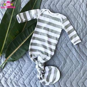 2019 Gender Neutral Baby Clothes Long Sleeve Sleeping Bag Knot Hospital Gown Heather Grey Stripes Knotted Infant Baby Gown