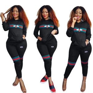 2019 Hot Sell 5 Colors Women Letter Print Two Piece Outfits Bee Print Team Hoodie Tracksuit Jogger 2 Piece Set