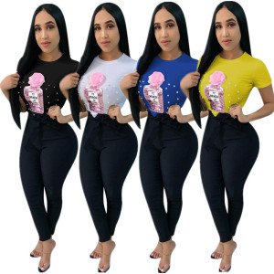 2019 hot selling YD924 fashion casual solid bead sequin women t shirt