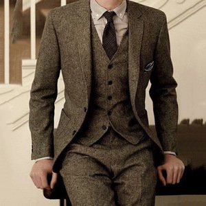 2019 Latest Coat Pant Designs Brown Tweed Formal Wedding Suits 3 Pieces Slim Fit Mens Tuxedo Suits