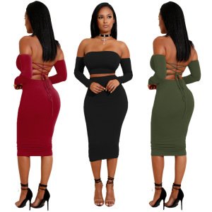 2019 long sleeve midi clothes summer fashion off the shoulder 2 pieces outfits set mini party club dres