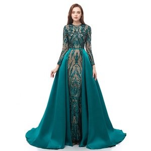 2019 Luxury Lace Long Sleeve Muslim Evening Dress With Detachable Overskirt