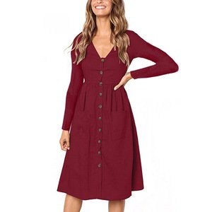 2019 New Arrival  7 colors autumn fashion v-neck button wild pocket long-sleeved women's dress