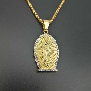 2019 New Arrival Hiphop Jewelry Gold Plated Pave Crystal 316L Stainless Steel Virgin Mary Pendant Necklace