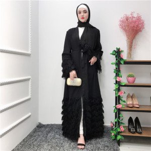 2019 new arrival Ramadan wholesale black open abaya with  feather and belt for muslim girls