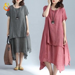 2019 new cotton linen dress solid color long skirt O neck comfortable loose large size bottoming dress