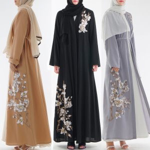 2019 new design fashionable embroidery beautiful long sleeve islamic front open abaya kimono for muslim women