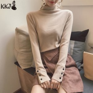 2019 New Design Turtleneck Pullover Women Sweater with Button Knitted High Neck Ladies Sweater