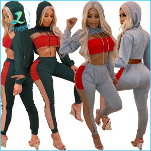2019 new design women's fashion patchwork hooded crop top and pencil pants 2 piece set women clothing