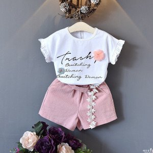 2019 new designs summer children clothes sets baby girls ruffle sleeve loose t-shirt with flower shorts 2pcs suits