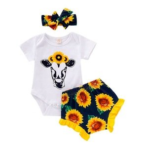 2019 New style wholesale girls clothing sets baby outfit infant floral prints romper sunflower clothes set