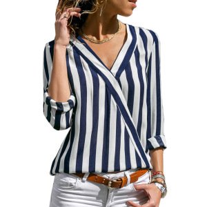 2019 New Women Striped Blouse Shirt Long Sleeve V-neck Shirts Casual Tops Blouse