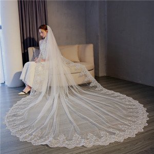 2019 Real Photos High Quality 2 Tiers velo Cathedral Sequined Lace Wedding Veil with Comb New Bridal Veil velo de novia fan velo