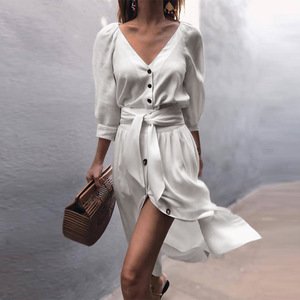 2019 spring autumn V-neck strap comfortable short dress ladies sexy linen dress