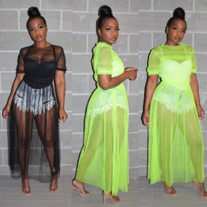 2019 Summer Fashion Lace Up Tie See Through Mesh Sexy Club Maxi Dress