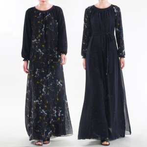 2019 summer new dark blue floral printed chiffon reversible dress for muslim women