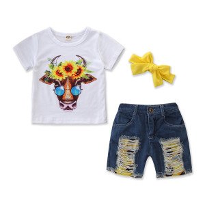 2019 summer new girls cotton flower cow t shirts + hole denim shorts set outwear children's suit cute kids casual clothing