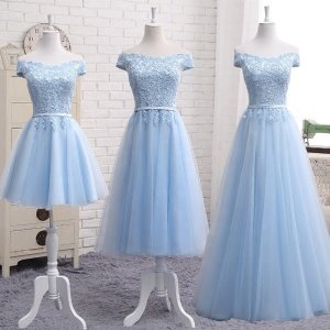 2019 Tulle Blue Lace Long Simple Short Party Off Shoulder Bridesmaid Dress With 3 Styles