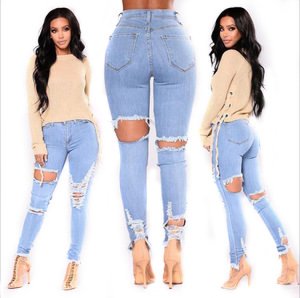 2019 Washed Ripped Light Blue Women Jeans Slim Denim Pants for Girls Comfy Stretch Skinny Jeans