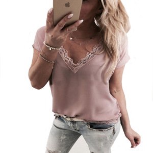 2019 Women Blouse Tops Summer Top Casual Loose Short Sleeve Solid Lace V-neck Chiffon Blouses Female Shirts