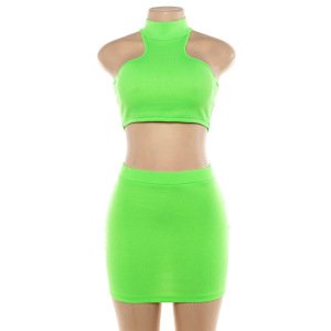 2019 women sleeveless crop top two pieces set turtleneck solid neon color casual outfit female short skirts tracksuits